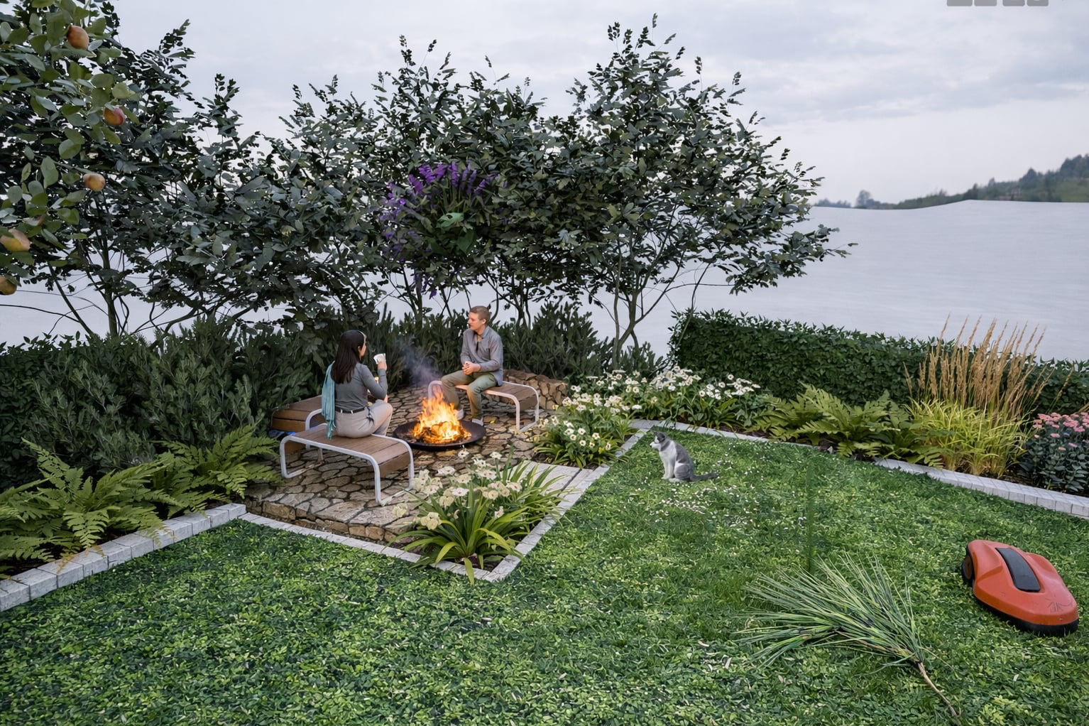 Ogród z paleniskiem otoczonym kamienną nawierzchnią, ławkami i roślinnością. W tle widoczne drzewa, krzewy, kwiaty, trawnik i robot koszący. Siedzące osoby przy ogniu.