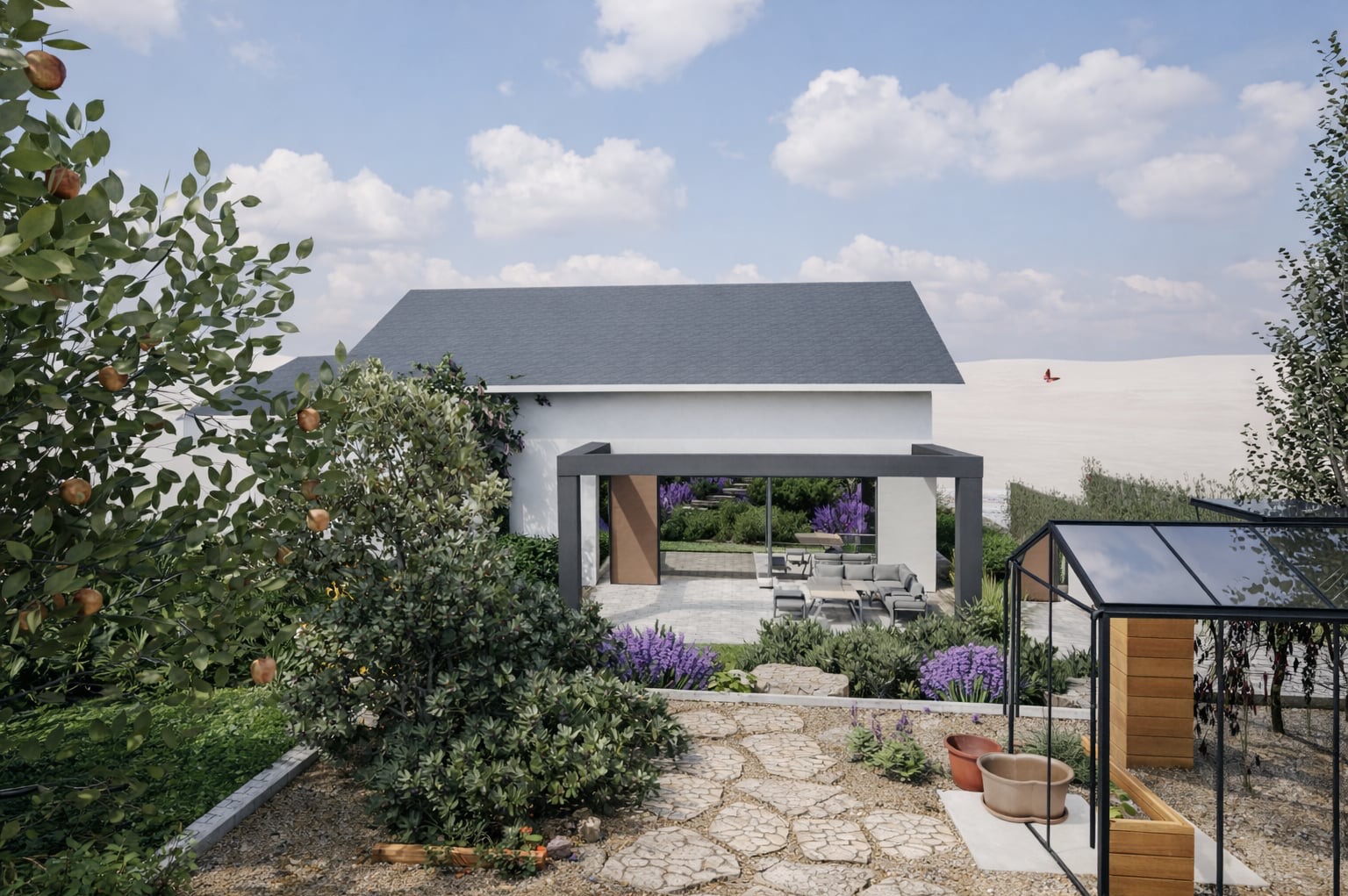 Nowoczesny ogród z domem w tle: ścieżka z kamienia, rabaty z lawendą, szklarnia i drzewo owocowe. Minimalistyczny design z elementami naturalnymi.