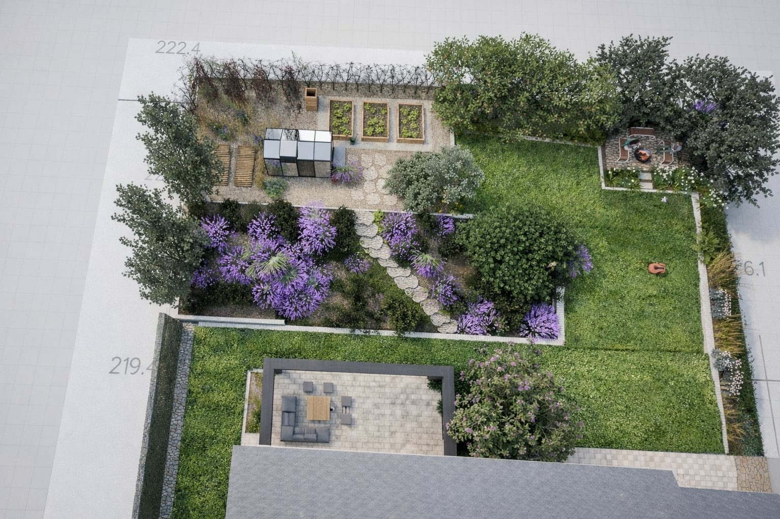 Model ogrodu z altaną, ścieżką z kamieni, rabatami z fioletowymi kwiatami i warzywnikiem, widziany z góry. Elementy małej architektury.