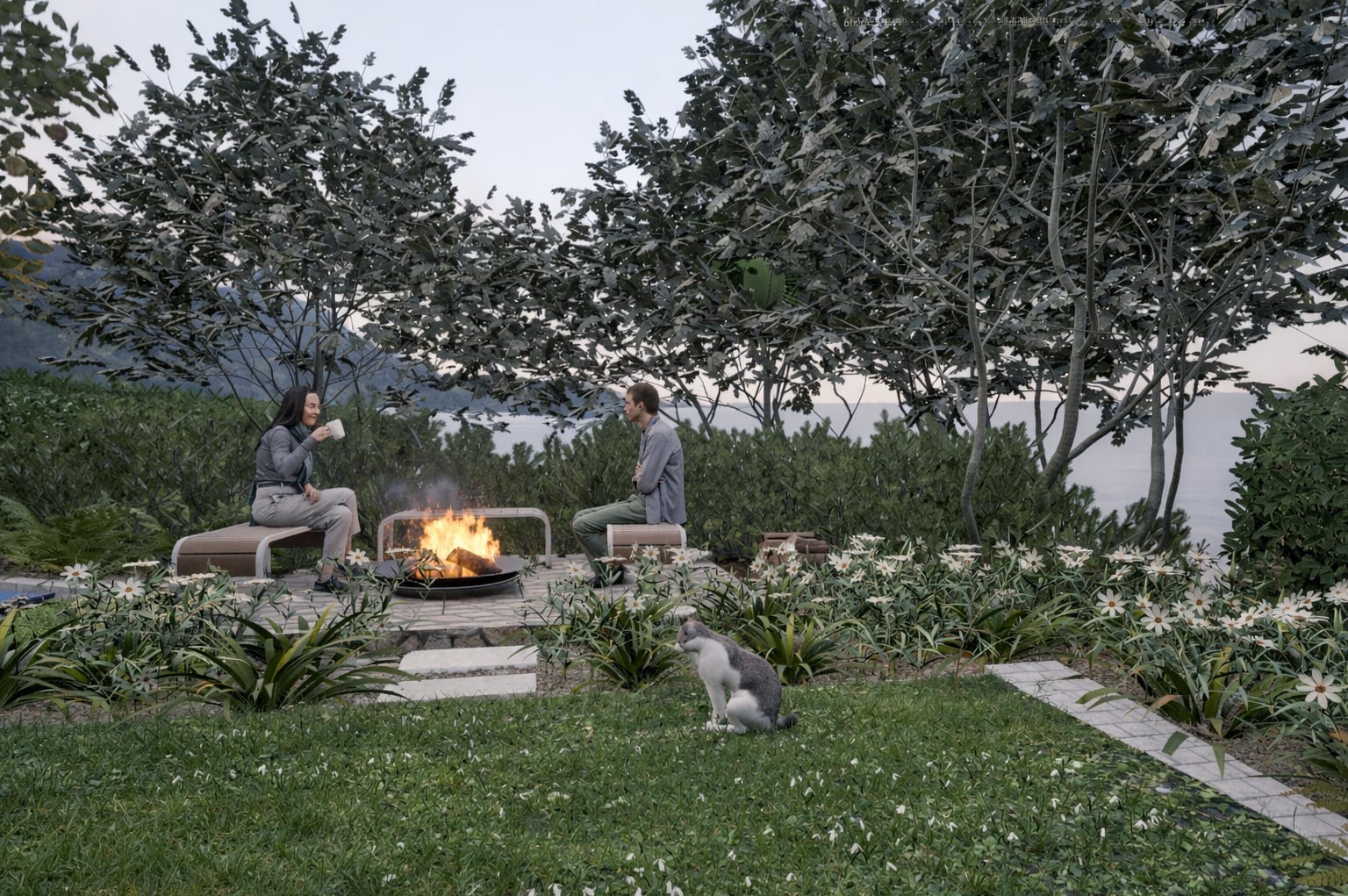 Ogród z paleniskiem otoczonym kamienną ścieżką, kwiatami i drzewami. Para siedzi obok ognia, a kot obserwuje. W tle widok na wodę.