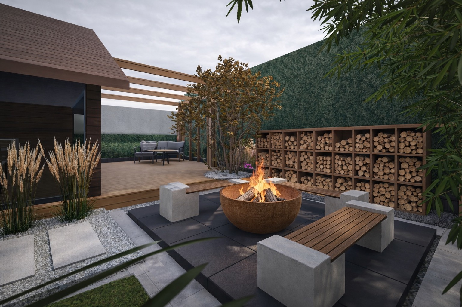 Nowoczesny ogród z paleniskiem otoczonym betonowymi ławkami z drewnianym siedziskiem, drewnianym tarasem i ścianą z zieleni. Drewniana wiata i regał na drewno w tle.