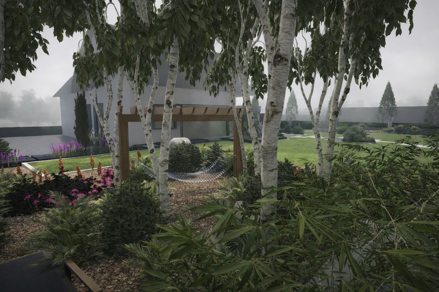 Nowoczesny ogród z białymi brzozami, hamakiem pod pergolą i kwitnącymi rabatami. Minimalistyczny dom w tle, całość w stonowanej kolorystyce.