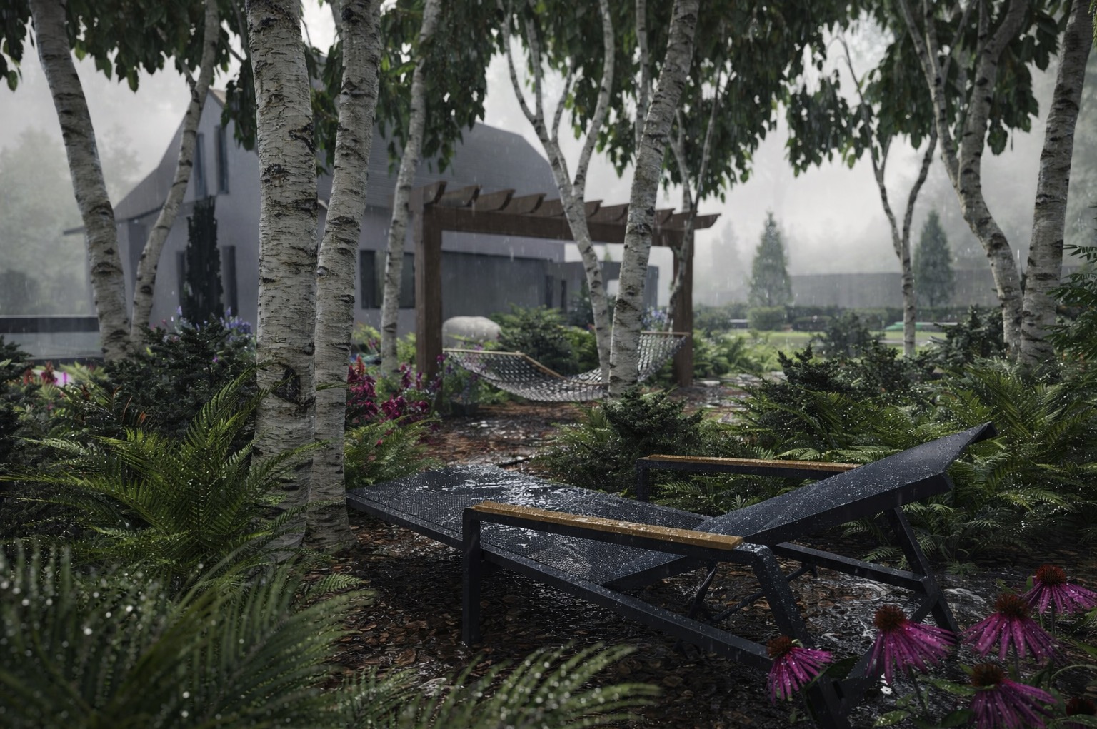 Ogród w deszczu: leżak, brzozy, hamak pod pergolą, kwiaty jeżówki. Nowoczesny dom w tle, mglista atmosfera, krople deszczu na roślinach.