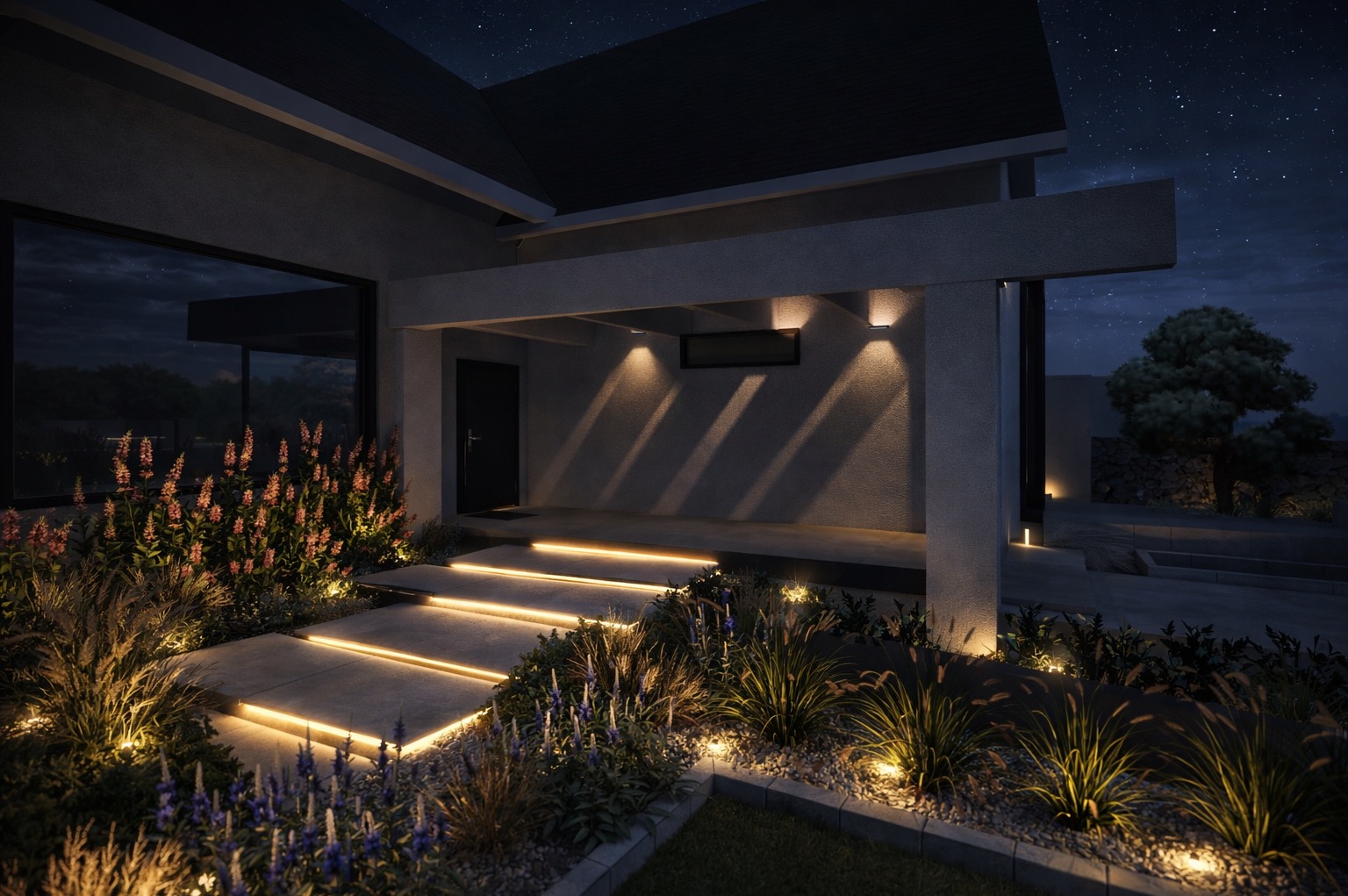 Nowoczesny ogród nocą: podświetlone schody z kostki, rabaty z kwitnącymi roślinami i ozdobnymi trawami, oświetlenie elewacji domu. Efektowne oświetlenie podkreśla architekturę.