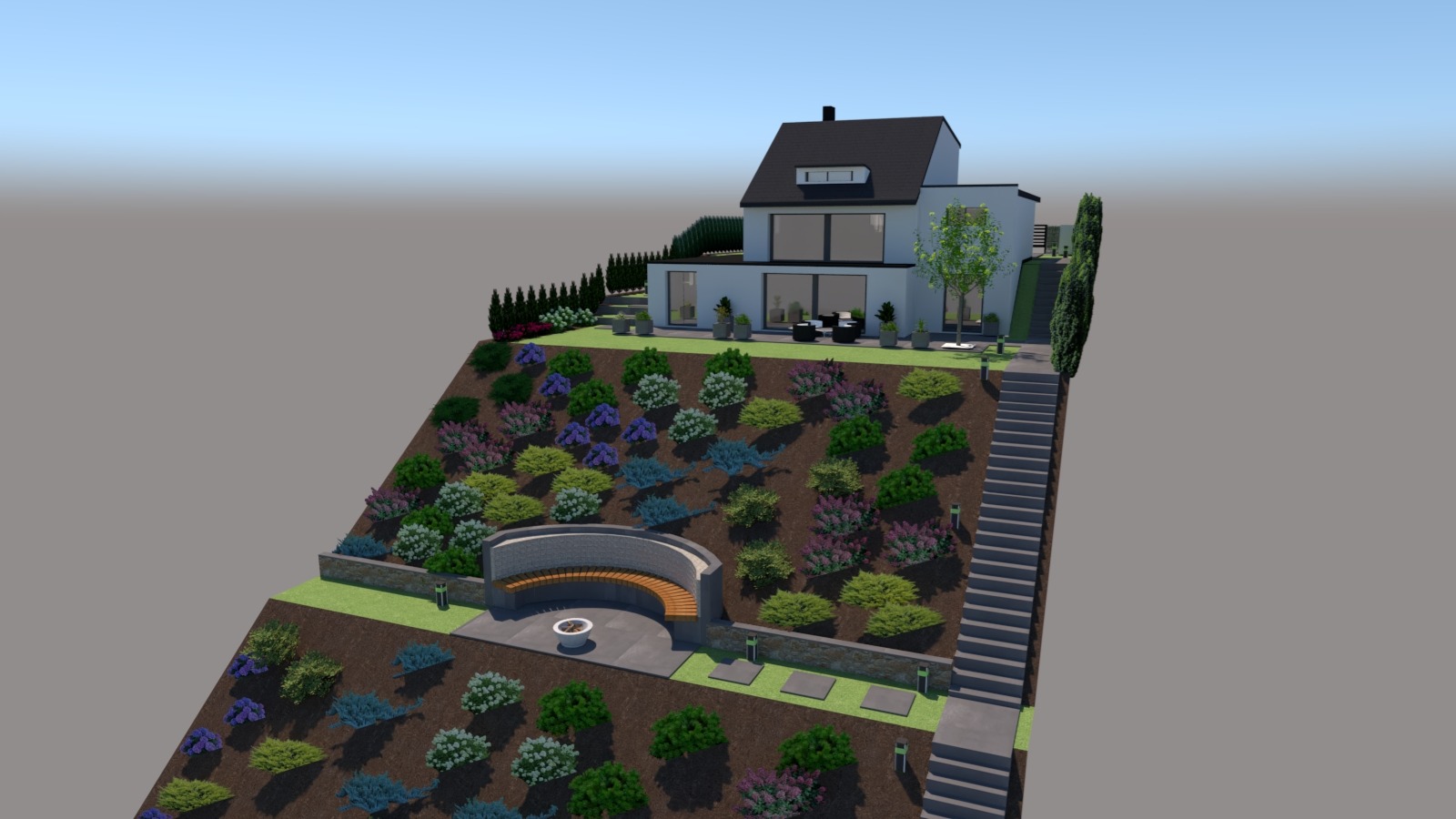 Wizualizacja ogrodu na zboczu z nowoczesnym domem w tle, uwzględniająca taras z półokrągłą ławką, palenisko i schody.