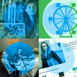 Kolaż z czterech elementów: mężczyzna z długimi włosami, laptop z naklejkami, grupa osób pracujących przy stole i kobieta w okularach obok reklamy lokaty wakacyjnej.