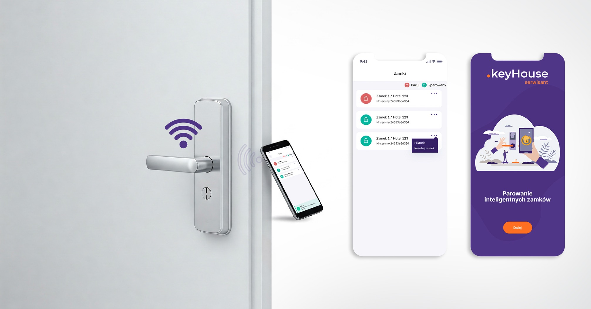 Inteligentny zamek z panelem dotykowym, sparowany ze smartfonem. Prezentacja aplikacji mobilnej do zarządzania zamkami 'keyHouse serwisant'.