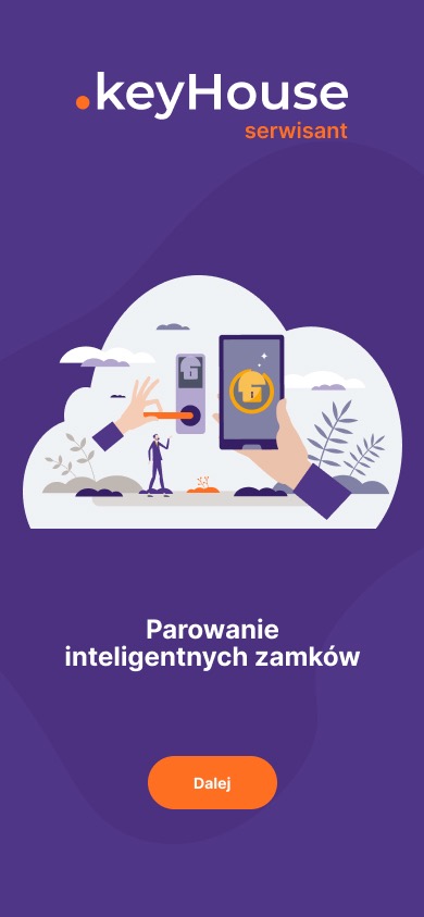 Ilustracja aplikacji mobilnej KeyHouse do parowania inteligentnych zamków. Grafika przedstawia interakcję użytkownika z zamkiem za pomocą smartfona.
