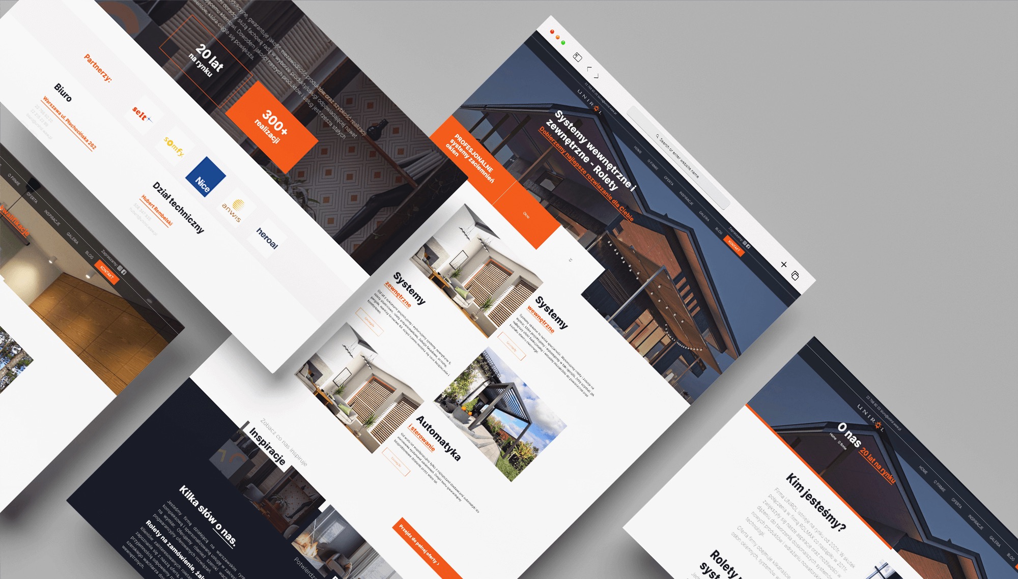 Responsywna strona www z widocznymi sekcjami o roletach i systemach okiennych, prezentująca realizacje i partnerów firmy UniroL, z czytelną nawigacją.