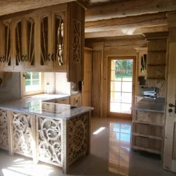 Wnętrze domu z bali z drewnianą kuchnią o bogato zdobionych frontach szafek i blatem z szarego kamienia, widoczne belki stropowe i okno.