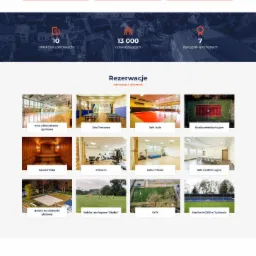 Strona internetowa Miejskiego Ośrodka Sportu i Rekreacji w Tuchowie z widokiem na halę widowiskowo-sportową z lotu ptaka, pomarańczowe ikony z zajęciami sportowymi i sekcja rezerwacji obiektów.