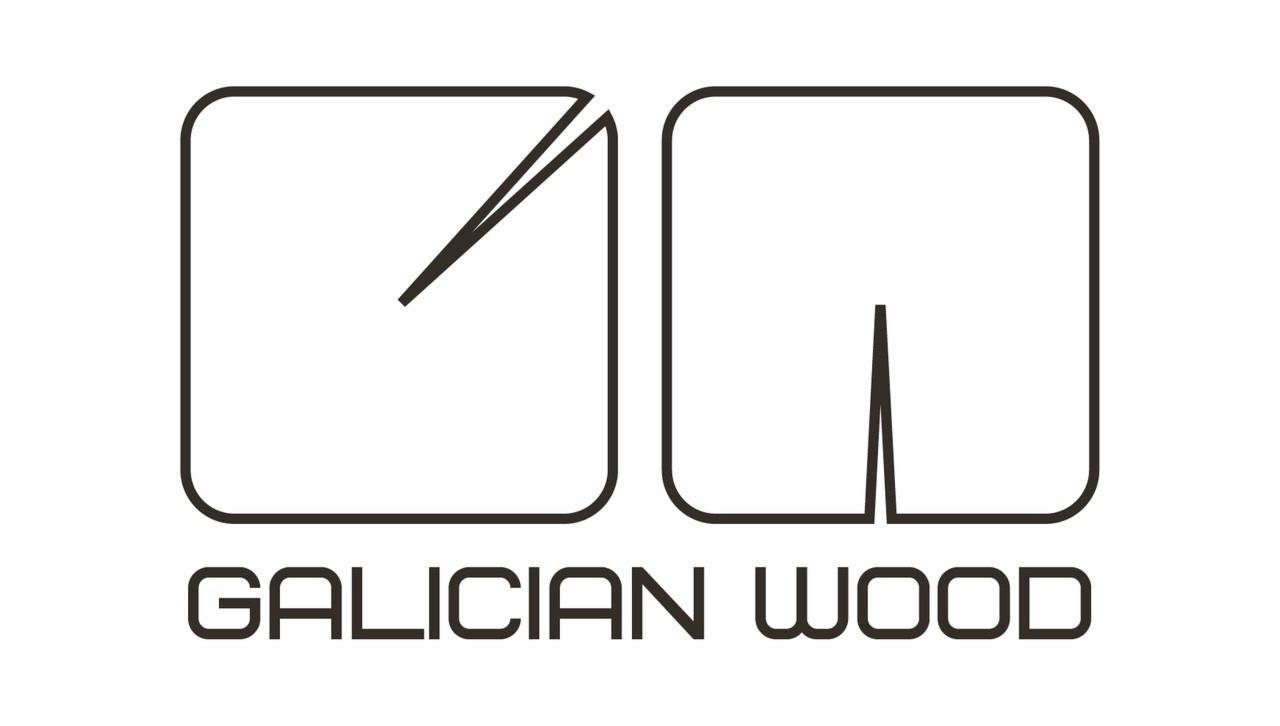 Minimalistyczne logo 'Galician Wood' w czerni: dwa kwadraty z zaokrąglonymi rogami, w jednym ukośna linia, w drugim pionowa, nawiązujące do obróbki drewna.