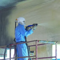 Pracownik w kombinezonie natryskuje piankę PUR na sufit z podnośnika. Widoczna struktura pianki i obszar przed ociepleniem. Ocieplanie pianką PUR.