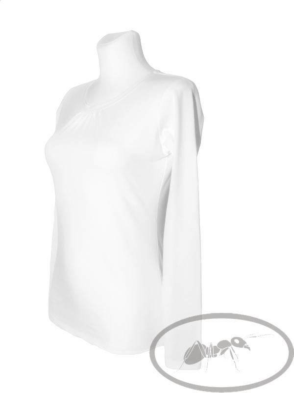 Biała bluzka damska z długim rękawem i drapowanym dekoltem, prezentowana na manekinie na białym tle.