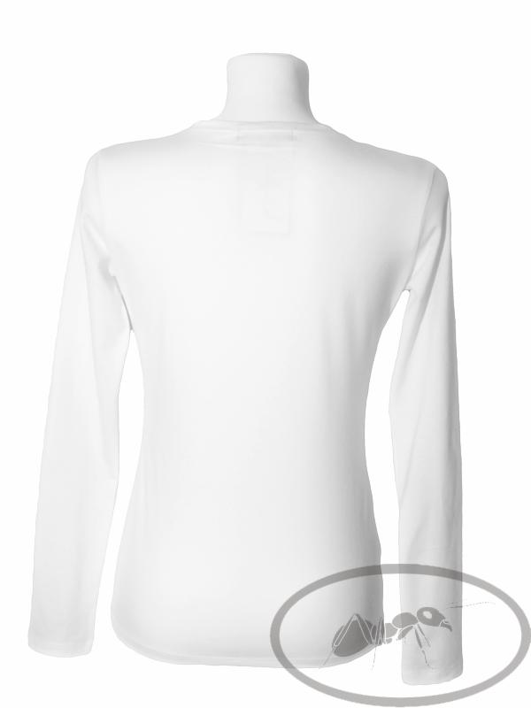 Biała bluzka z długim rękawem, widok z tyłu na manekinie, z delikatnym drapowaniem dekoltu.