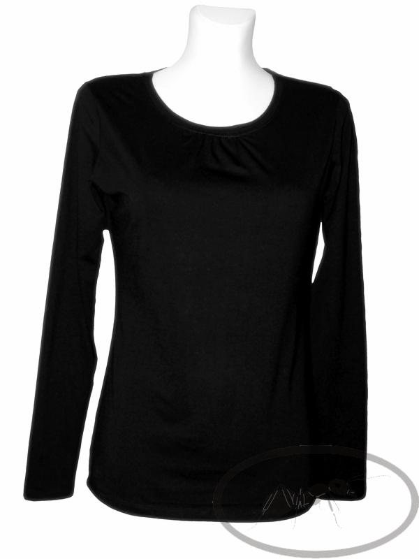 Czarna bluzka z długim rękawem i drapowanym dekoltem, prezentowana na białym manekinie.