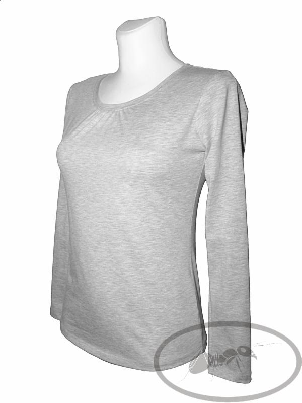 Szara bluzka z długim rękawem i drapowanym dekoltem, prezentowana na manekinie.