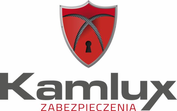 Logo firmy Kamlux Zabezpieczenia z czerwono-szarym herbem i symbolem dziurki od klucza, sugerujące usługi związane z bezpieczeństwem i ochroną.