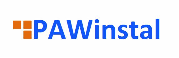Niebieski napis 'PAWinstal' z pomarańczowym symbolem złożonym z czterech kwadratów po lewej stronie, na białym tle. Prosty i nowoczesny design logo.