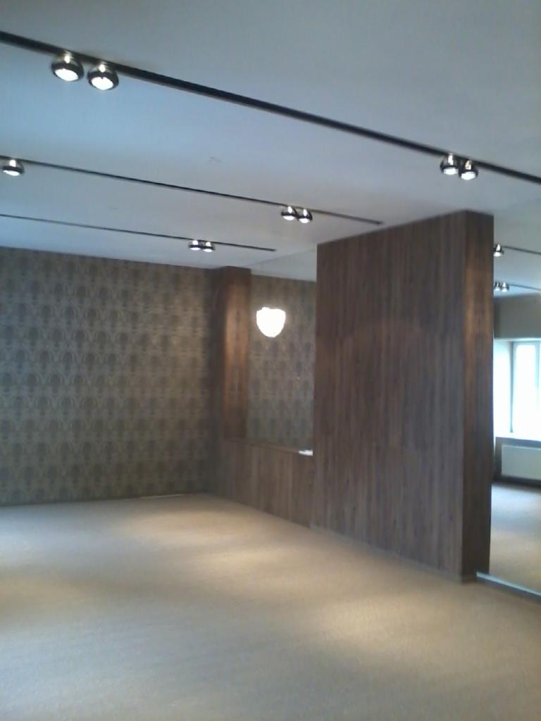 Wnętrze z oświetleniem szynowym: czarne szyny z reflektorami punktowymi na białym suficie, wzorzysta tapeta, drewniana ścianka działowa i jasna podłoga.