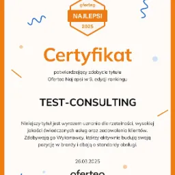Certyfikat Oferteo Najlepsi 2025 dla TEST-CONSULTING potwierdzający wysoką jakość świadczonych usług i zadowolenie klientów, z datą 26.03.2025.