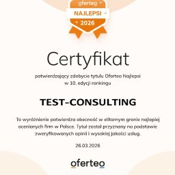 TEST-CONSULTING - Certyfikat Oferteo Najlepsi 2026 dla TEST-CONSULTING, potwierdzający obecność w elitarnym gronie najlepiej ocenianych firm w Polsce. Wyróżnienie za zweryfikowane opinie.