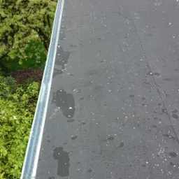 Widok z góry na płaski, mokry dach pokryty papą z widocznymi kroplami wody i białymi plamkami, z aluminiową obróbką blacharską krawędzi dachu i zielenią w tle.