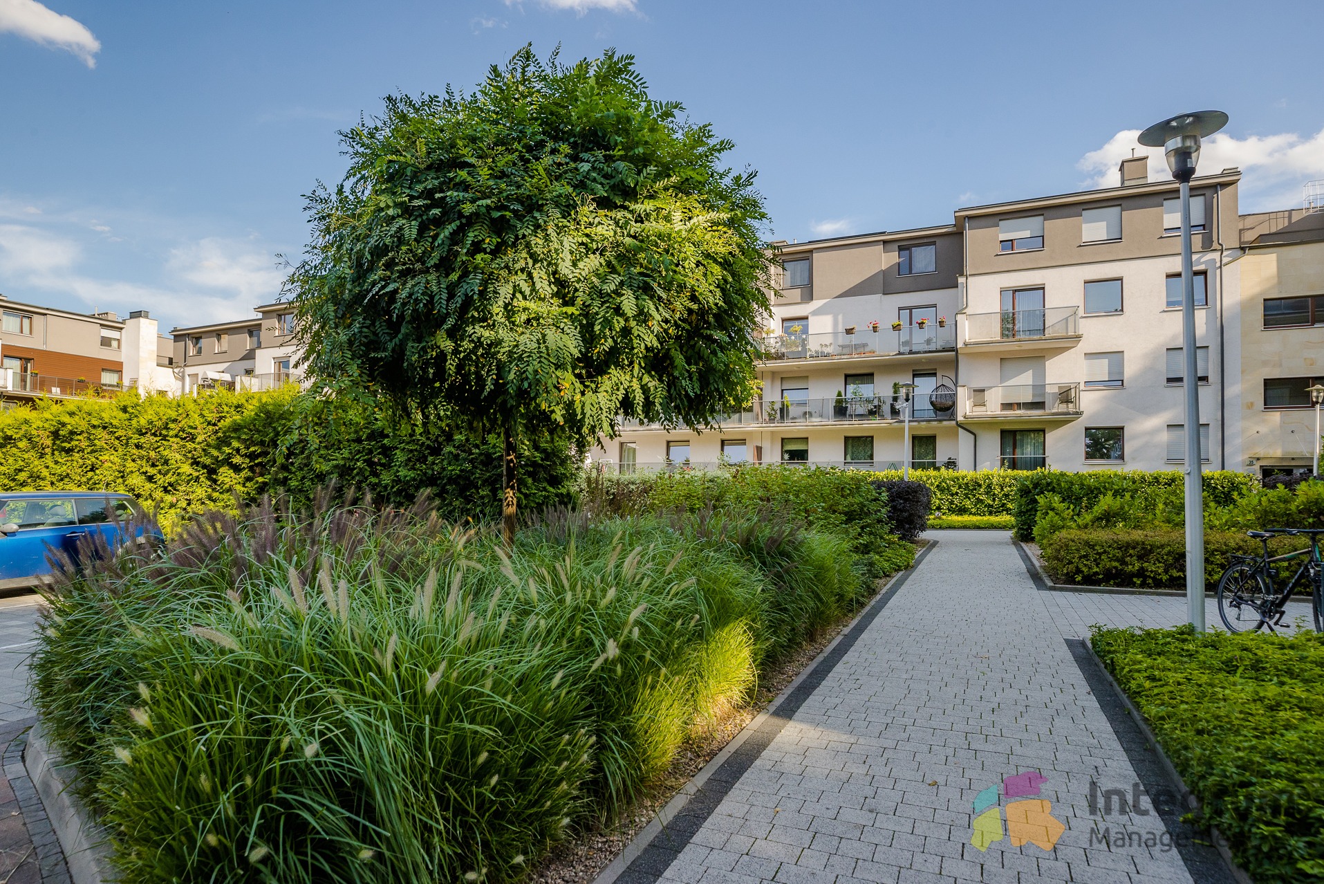 Zadbany teren osiedla: trawniki, drzewa, krzewy, chodnik z kostki. Budynek mieszkalny w tle. Dbałość o detale w zagospodarowaniu przestrzeni.