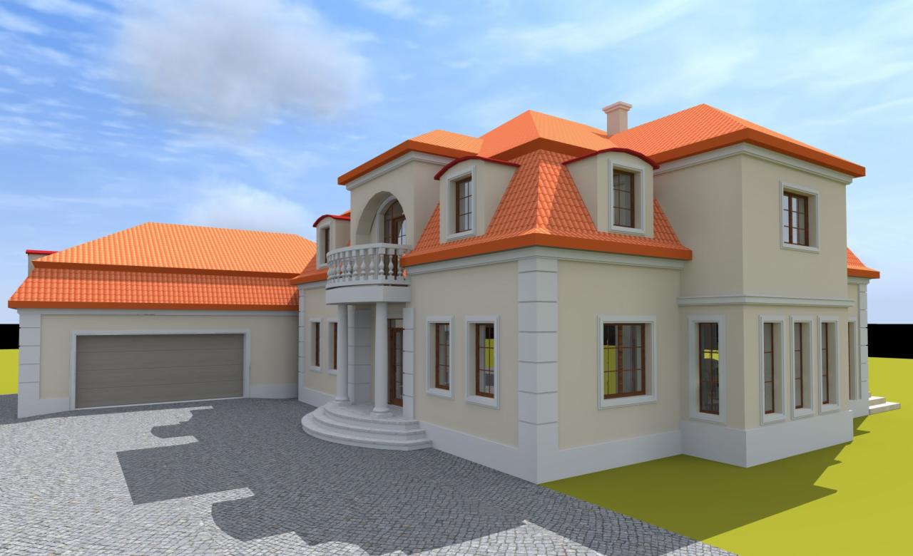 Wizualizacja domu z garażem i balkonem w stylu klasycznym. Jasna elewacja, pomarańczowy dach, kostka brukowa. Widok z perspektywy pieszego, błękitne niebo w tle.