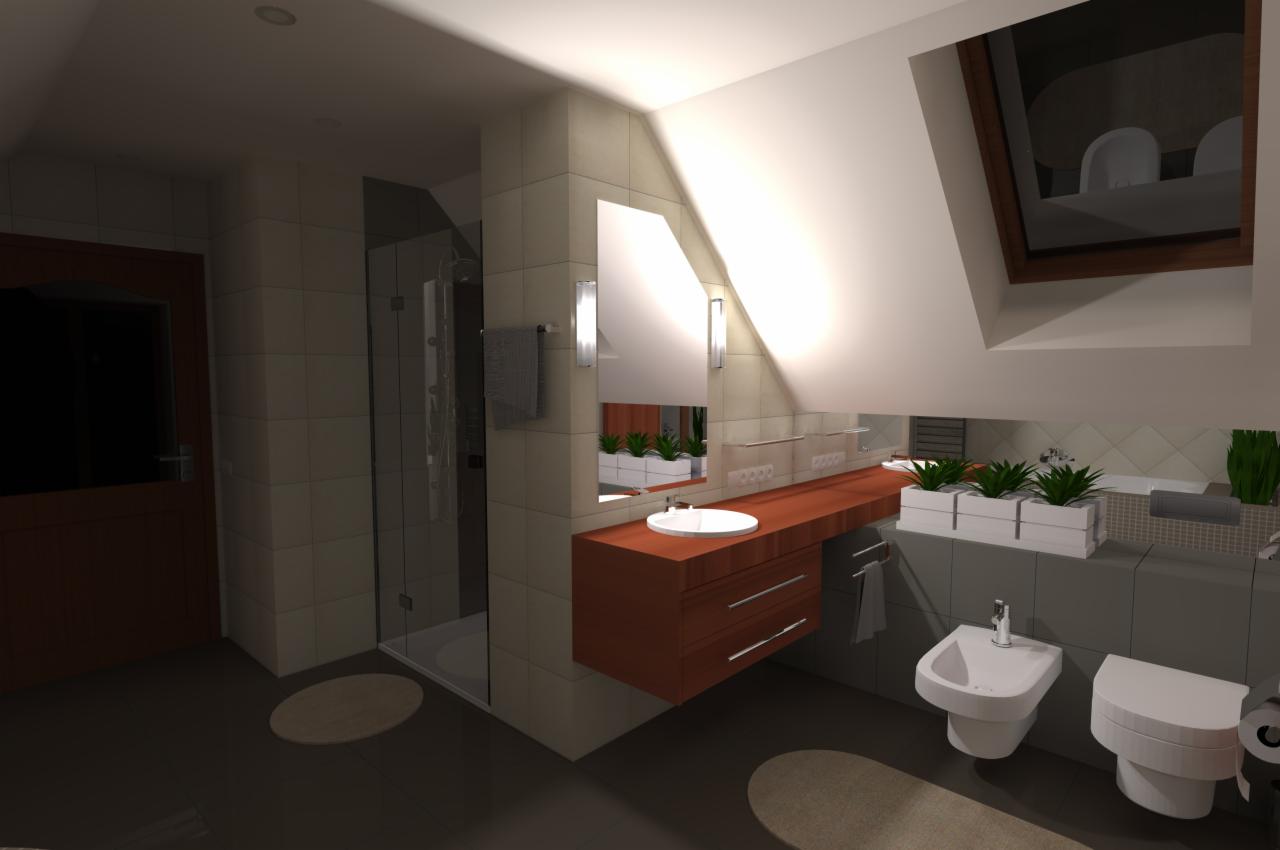 Wizualizacja łazienki na poddaszu z kabiną prysznicową, umywalką nablatową na drewnianej szafce i roślinami w donicach. Nowoczesny design, jasne płytki.