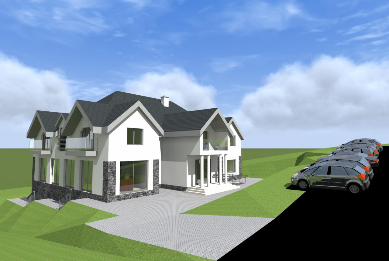 Wizualizacja domu z szarym dachem i elementami kamiennymi na elewacji, otoczonego zielenią i z zaparkowanymi samochodami w tle, prezentowana w słoneczny dzień.