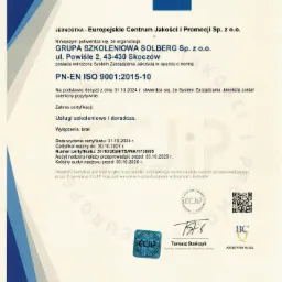 Skan certyfikatu ISO 9001 dla Grupy Szkoleniowej Solberg Sp. z o.o. wydany przez Europejskie Centrum Jakości i Promocji, potwierdzający wdrożony system zarządzania jakością w zakresie usług...