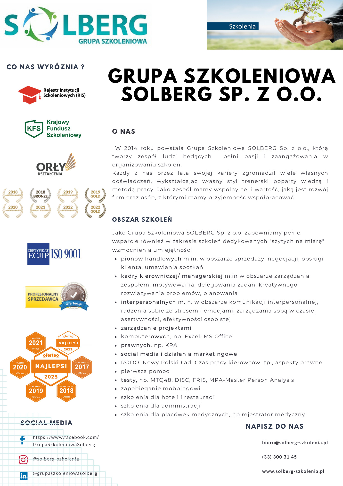 Logo firmy szkoleniowej Solberg Sp. z o.o. z hasłami reklamowymi i listą obszarów szkoleń, w tym interpersonalnych, sprzedażowych i menedżerskich, oraz certyfikatami i nagrodami.