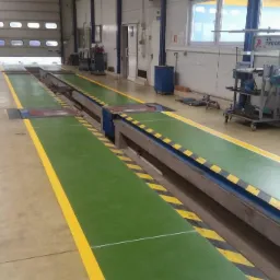 Wnętrze warsztatu samochodowego z kanałem pokrytym zieloną, gładką powierzchnią z żółtymi pasami, wykończonymi czarno-żółtymi pasami ostrzegawczymi.