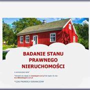 Grafika reklamowa z czerwonym domem jednorodzinnym w tle, informująca o badaniu stanu prawnego nieruchomości. Tekst w kolorze czerwonym na białej chmurze.