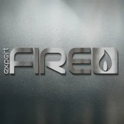 Metaliczny, nowoczesny logotyp 'expert FIRED' z symbolem płomienia na teksturowanym, szarym tle. Napis pionowo po lewej stronie. Minimalistyczny design.