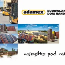 Adamex Budowlany Dom Handlowy: materiały budowlane, drewno, beton. Na placu budowy wózki widłowe i koparka. Wszystko pod ręką.