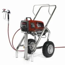 Profesjonalny agregat malarski Titan Performance 1650e z wózkiem i pistoletem natryskowym, widok z przodu na białym tle. Sprzęt do malowania.