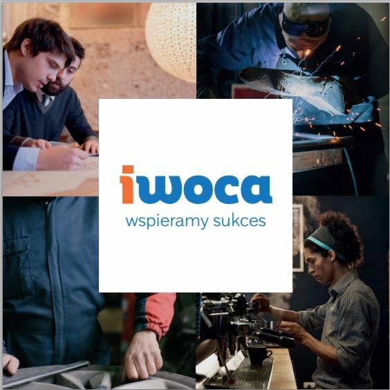 Kolaż zdjęć: dwóch mężczyzn analizujących plany, spawacz przy pracy, pracownik w kombinezonie, barista przygotowujący kawę. Centralnie logo firmy 'iwoca'.