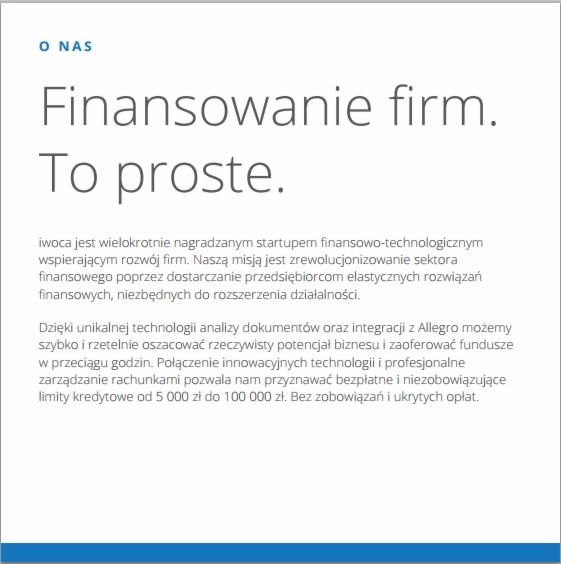 Tekst informacyjny o finansowaniu firm. Napis: Finansowanie firm. To proste. Krótki opis o wspieraniu rozwoju firm i limitach kredytowych.