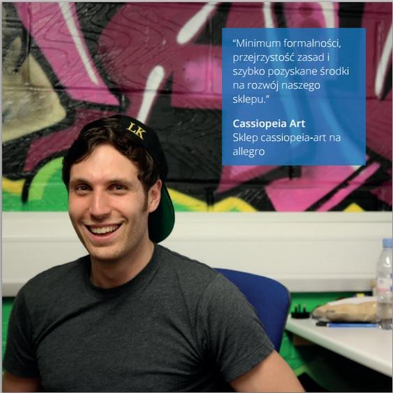 Uśmiechnięty mężczyzna w czapce z inicjałami 'LK' na tle graffiti i reklamy 'Cassiopeia Art'. Tekst zachęca do skorzystania z usług sklepu na Allegro.