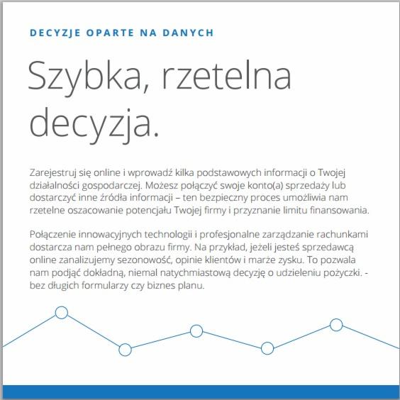 Grafika z tekstem: Szybka, rzetelna decyzja. Informacje o rejestracji online i analizie danych finansowych firmy. Wizualizacja danych w formie wykresu liniowego.
