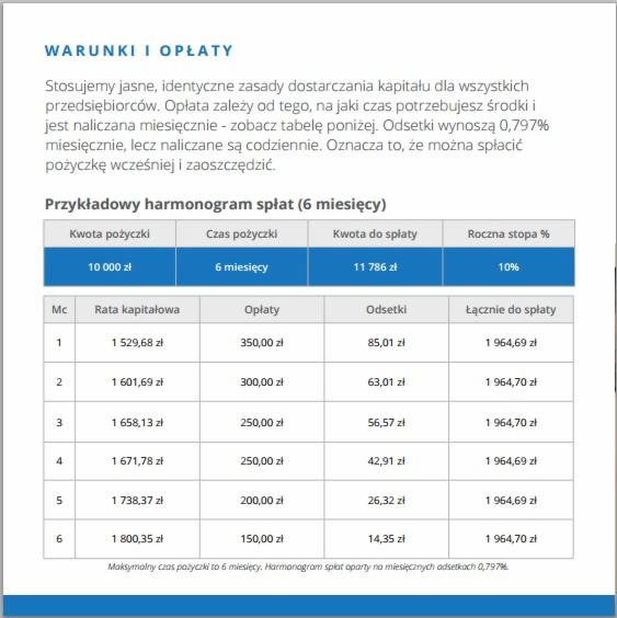Przykładowy harmonogram spłat pożyczki na 6 miesięcy z wyszczególnionymi ratami kapitałowymi, opłatami, odsetkami i łączną kwotą do spłaty. Prezentacja warunków i opłat.