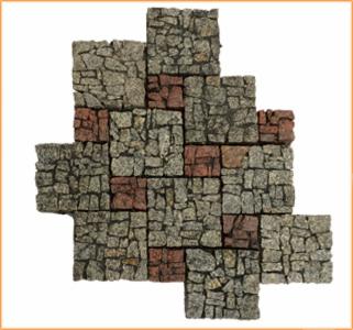 Mozaika z nieregularnych kostek granitowych w odcieniach szarości i czerwieni, tworząca dekoracyjny wzór na jasnym tle. Unikalny układ kamieni.