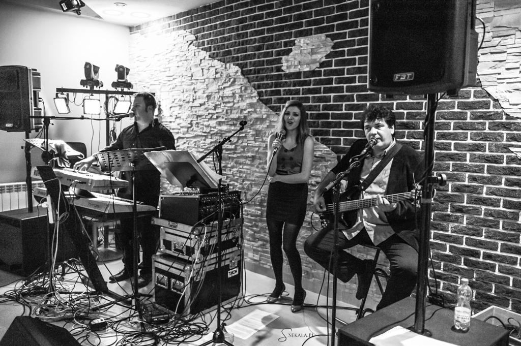 Czarno-białe zdjęcie zespołu muzycznego podczas występu: klawiszowiec, wokalistka z mikrofonem i gitarzysta siedzący na krześle, na tle ceglanej ściany z dekoracyjnym fragmentem z kamieni. Widoczne...