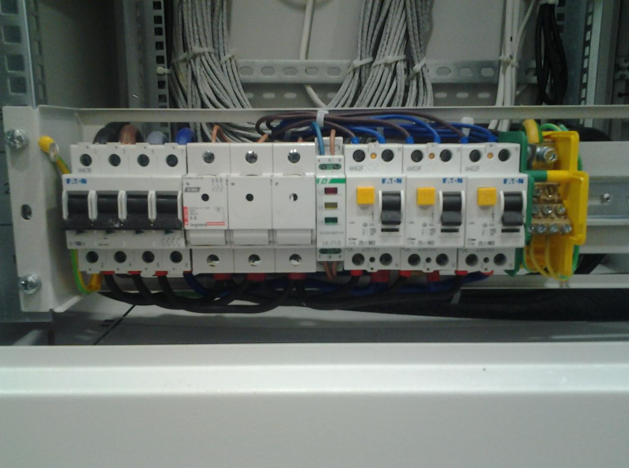 Rozdzielnica elektryczna z zainstalowanymi bezpiecznikami i okablowaniem w skrzynce, widoczne przewody i elementy zabezpieczające.