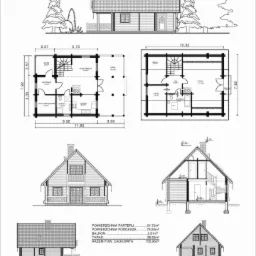 Projekt domu z bali 'Jerzy II' z wymiarami i rzutami. Schemat prezentuje elewacje, przekroje i plany parteru oraz poddasza. Widoczne wymiary i powierzchnie pomieszczeń.