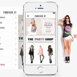 Aplikacja mobilna Forever 21 na smartfonie: menu, promocje świąteczne, dział 'The Party Shop', modelka w ubraniach z aplikacji i przycisk 'Dodaj do koszyka'.