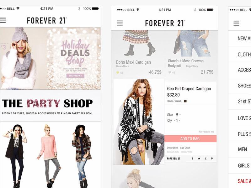 Zrzut ekranu aplikacji mobilnej Forever 21. Widok strony głównej i kilku kategorii produktów: odzież, obuwie i akcesoria. Promocje świąteczne, wyprzedaże.
