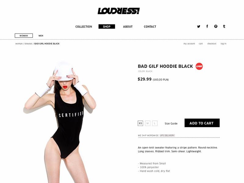 Prezentacja strony internetowej Loudress.com z modelką w czarnym body i białej czapce, promująca 'BAD GILF HOODIE BLACK' z widocznymi szczegółami produktu i opcjami zakupu.